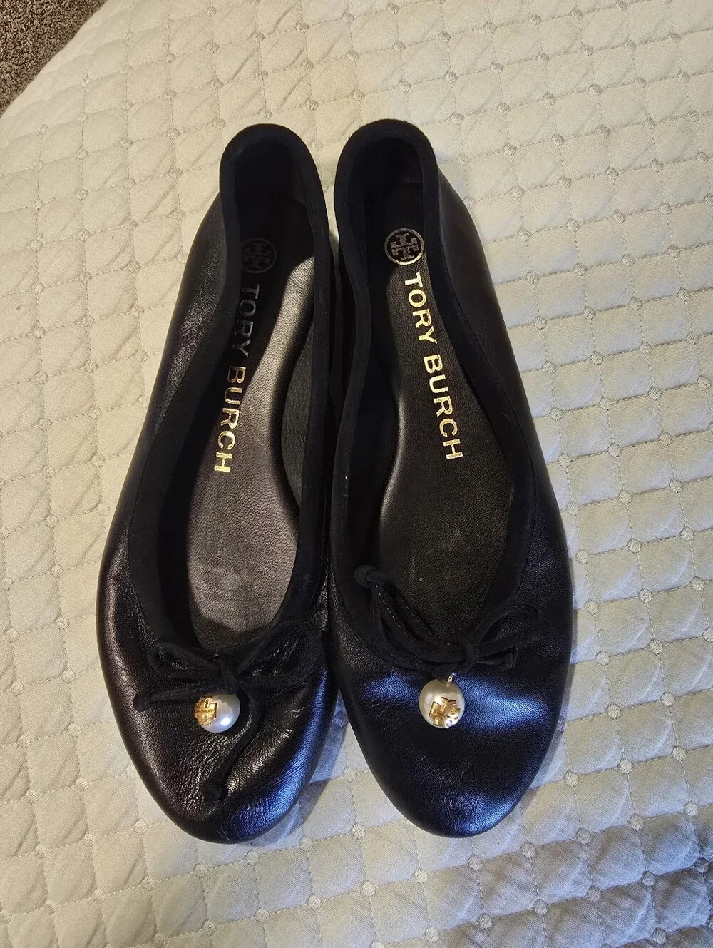Tory Burch Black Leather Ballet Flats With Pearls Size 6.5